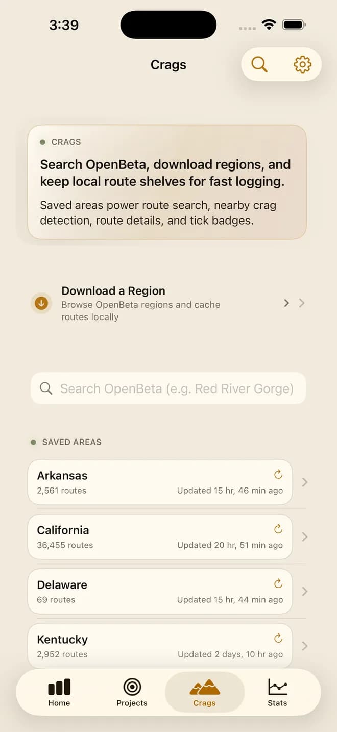 Crux Logs crags page with OpenBeta regions and saved local route shelves.