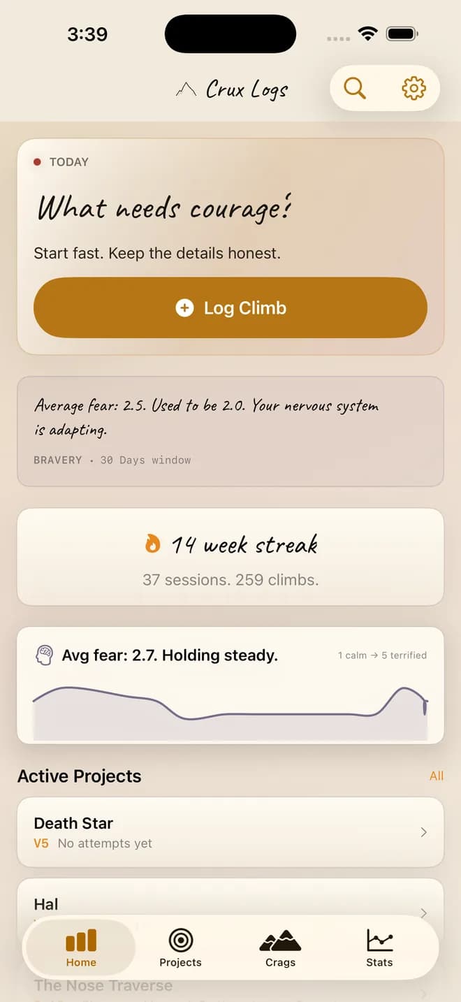 Crux Logs home dashboard with warm notebook cards, fear trend, streak, and active projects.