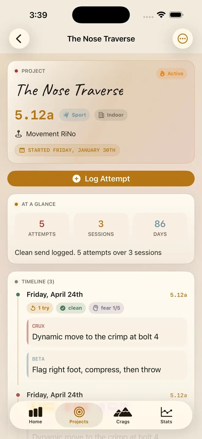 Crux Logs project detail page with timeline, clean send summary, and project notes.
